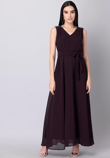 Maroon Embellished Maxi Dress FOR WOMEN